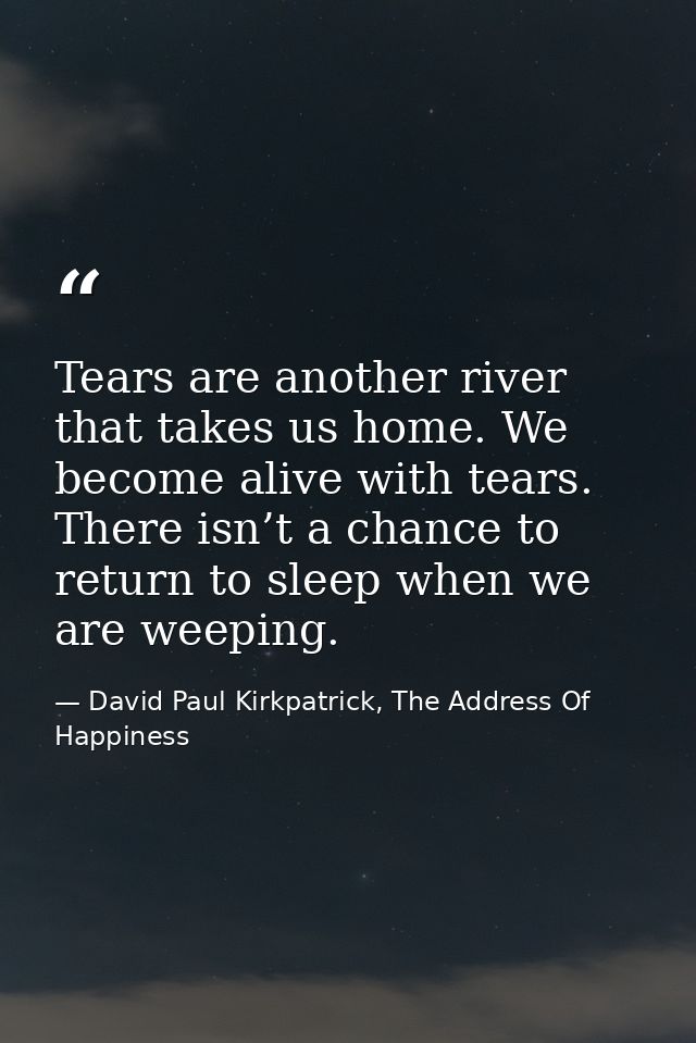 Tears are another river that takes us home. We become alive with tears. There isn’t a chance to return to sleep when we  — David Paul Kirkpatrick, The Address Of Happiness