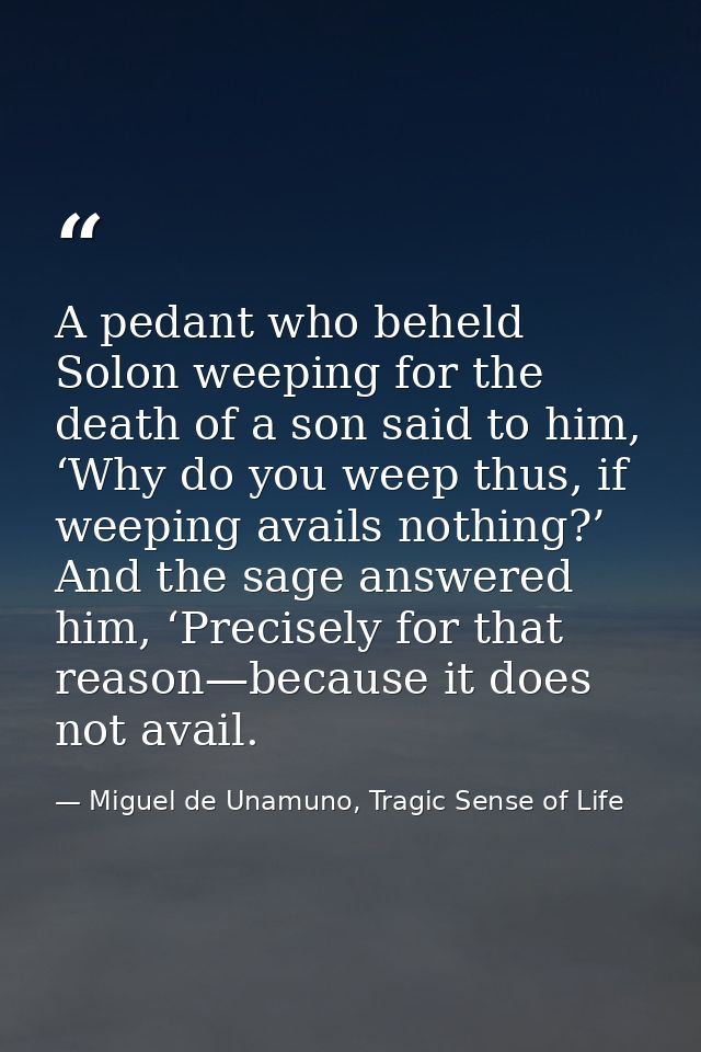 A pedant who beheld Solon weeping for the death of a son said to him, ‘Why do you weep thus, if weeping avails nothing?’ — Miguel de Unamuno, Tragic Sense of Life