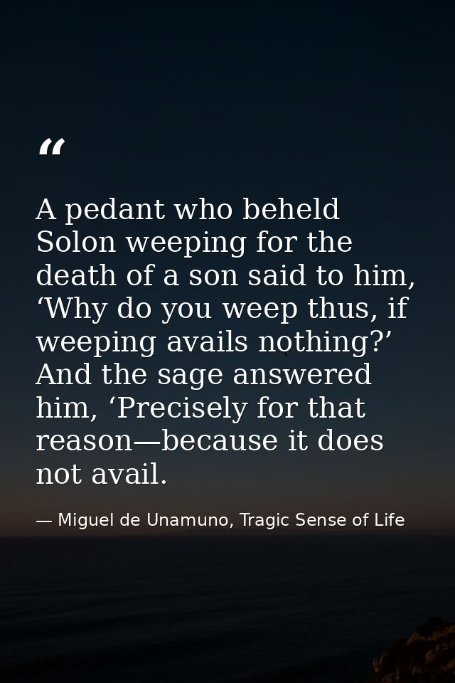 A pedant who beheld Solon weeping for the death of a son said to him, ‘Why do you weep thus, if weeping avails nothing?’ — Miguel de Unamuno, Tragic Sense of Life
