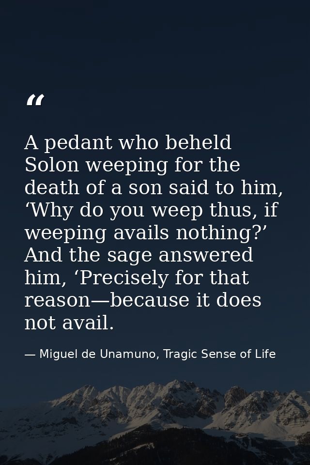 A pedant who beheld Solon weeping for the death of a son said to him, ‘Why do you weep thus, if weeping avails nothing?’ — Miguel de Unamuno, Tragic Sense of Life