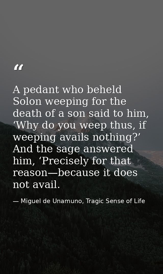 A pedant who beheld Solon weeping for the death of a son said to him, ‘Why do you weep thus, if weeping avails nothing?’ — Miguel de Unamuno, Tragic Sense of Life