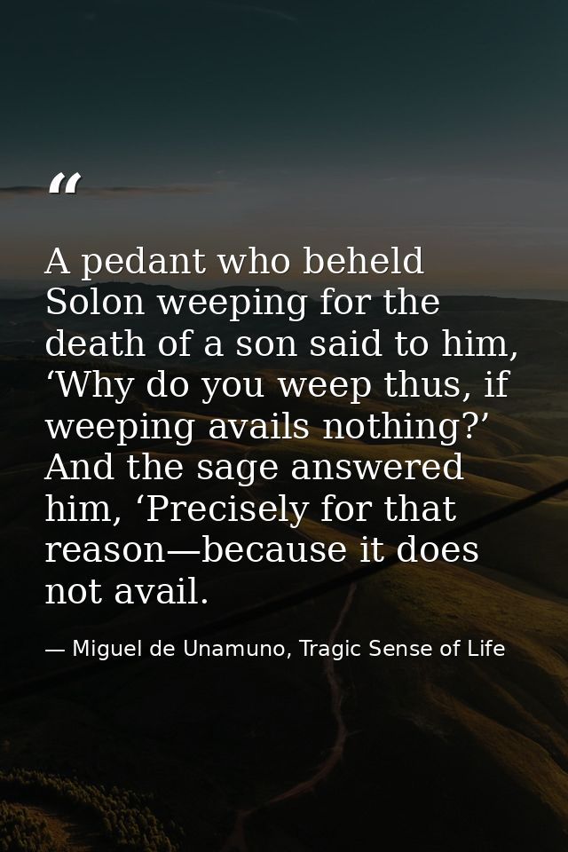 A pedant who beheld Solon weeping for the death of a son said to him, ‘Why do you weep thus, if weeping avails nothing?’ — Miguel de Unamuno, Tragic Sense of Life