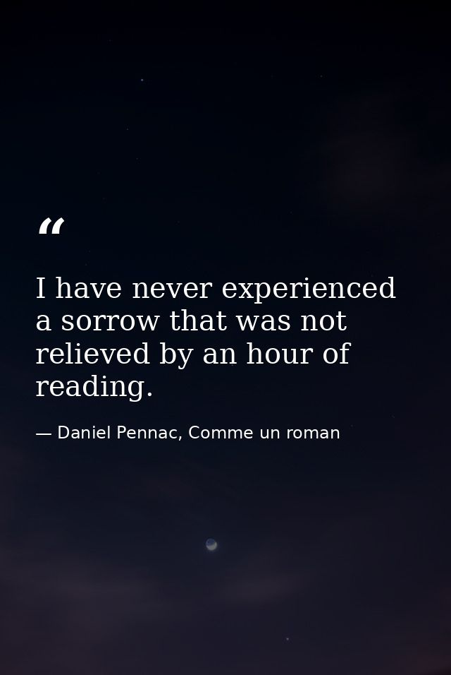I have never experienced a sorrow that was not relieved by an hour of reading. — Daniel Pennac, Comme un roman