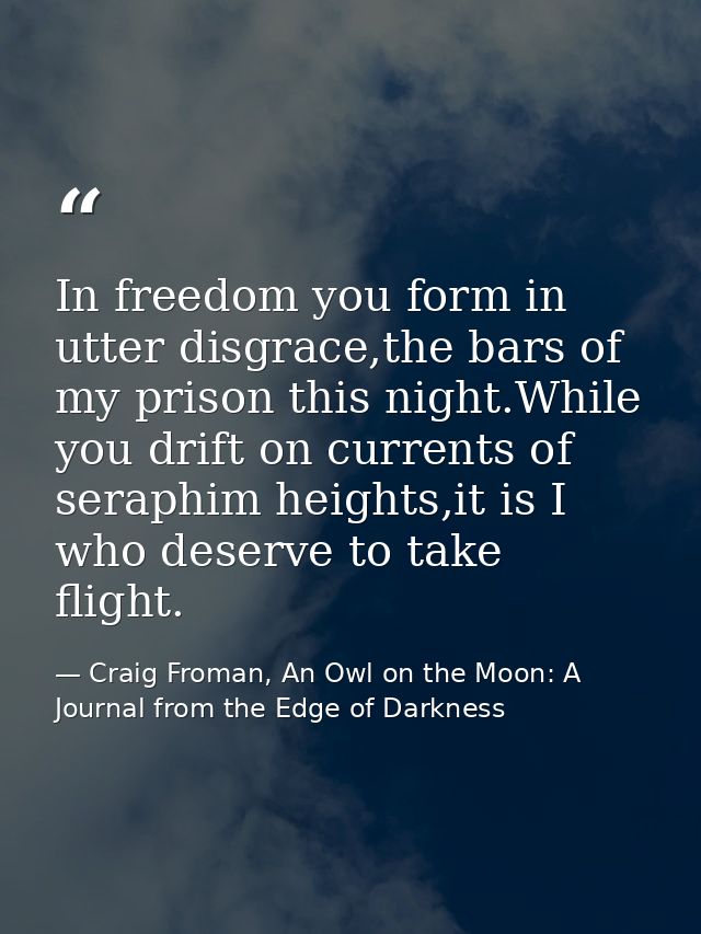 In freedom you form in utter disgrace,the bars of my prison this night.While you drift on currents of seraphim heights,i — Craig Froman, An Owl on the Moon: A Journal from the Edge of Darkness