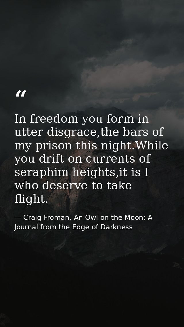 In freedom you form in utter disgrace,the bars of my prison this night.While you drift on currents of seraphim heights,i — Craig Froman, An Owl on the Moon: A Journal from the Edge of Darkness