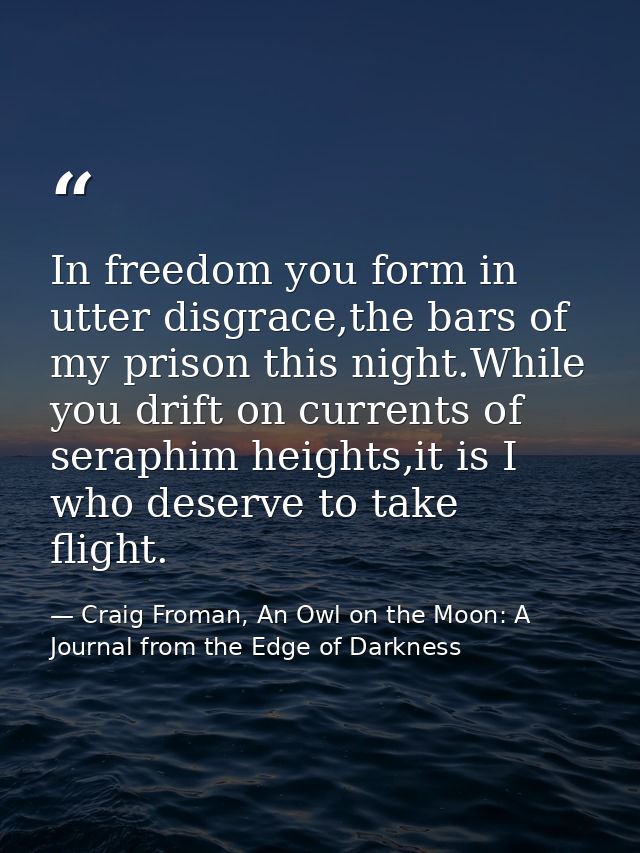 In freedom you form in utter disgrace,the bars of my prison this night.While you drift on currents of seraphim heights,i — Craig Froman, An Owl on the Moon: A Journal from the Edge of Darkness