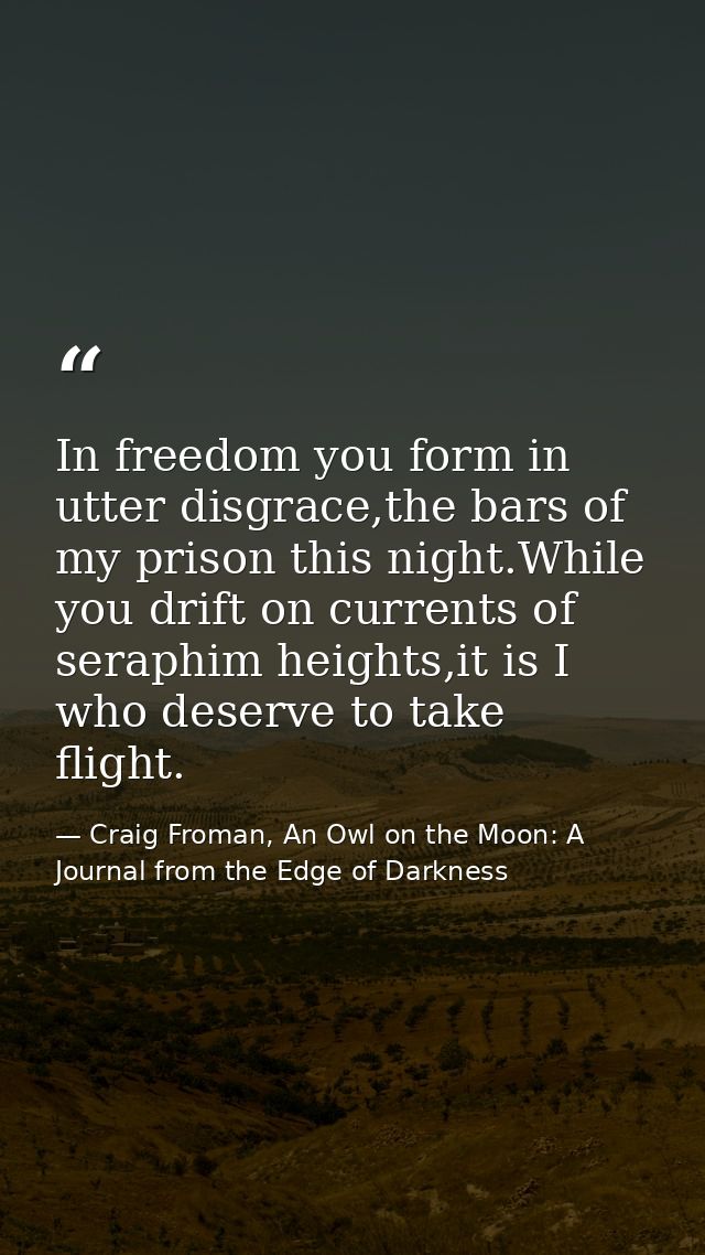 In freedom you form in utter disgrace,the bars of my prison this night.While you drift on currents of seraphim heights,i — Craig Froman, An Owl on the Moon: A Journal from the Edge of Darkness