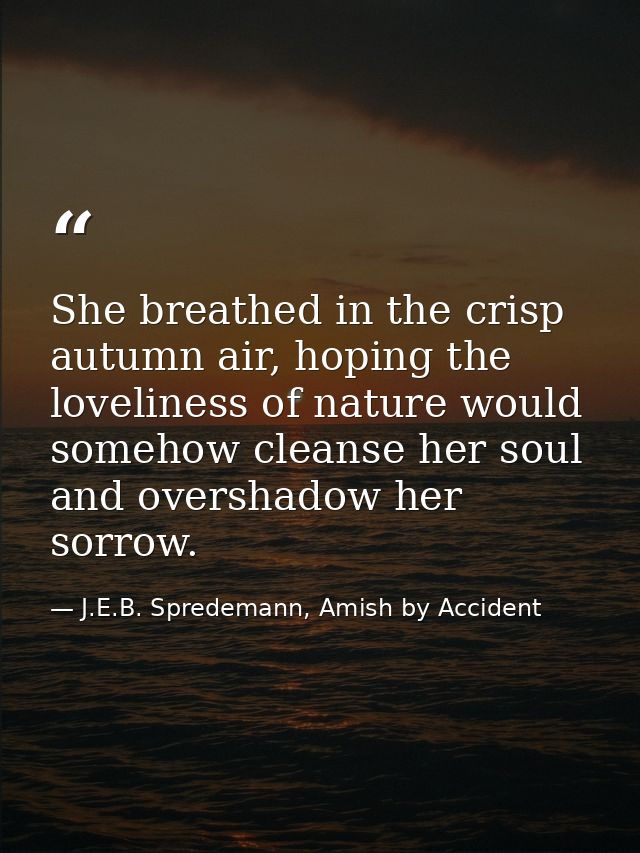 She breathed in the crisp autumn air, hoping the loveliness of nature would somehow cleanse her soul and overshadow her  — J.E.B. Spredemann, Amish by Accident