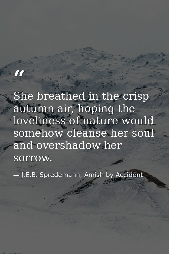 She breathed in the crisp autumn air, hoping the loveliness of nature would somehow cleanse her soul and overshadow her  — J.E.B. Spredemann, Amish by Accident