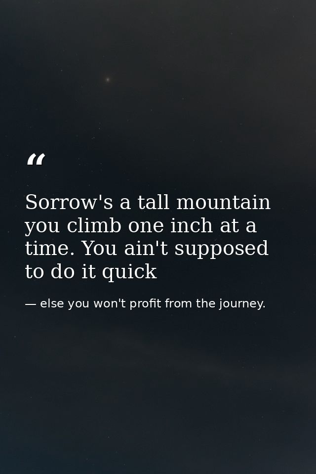 Sorrow's a tall mountain you climb one inch at a time. You ain't supposed to do it quick — else you won't profit from the journey.