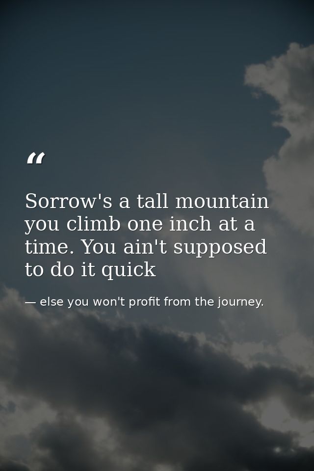 Sorrow's a tall mountain you climb one inch at a time. You ain't supposed to do it quick — else you won't profit from the journey.