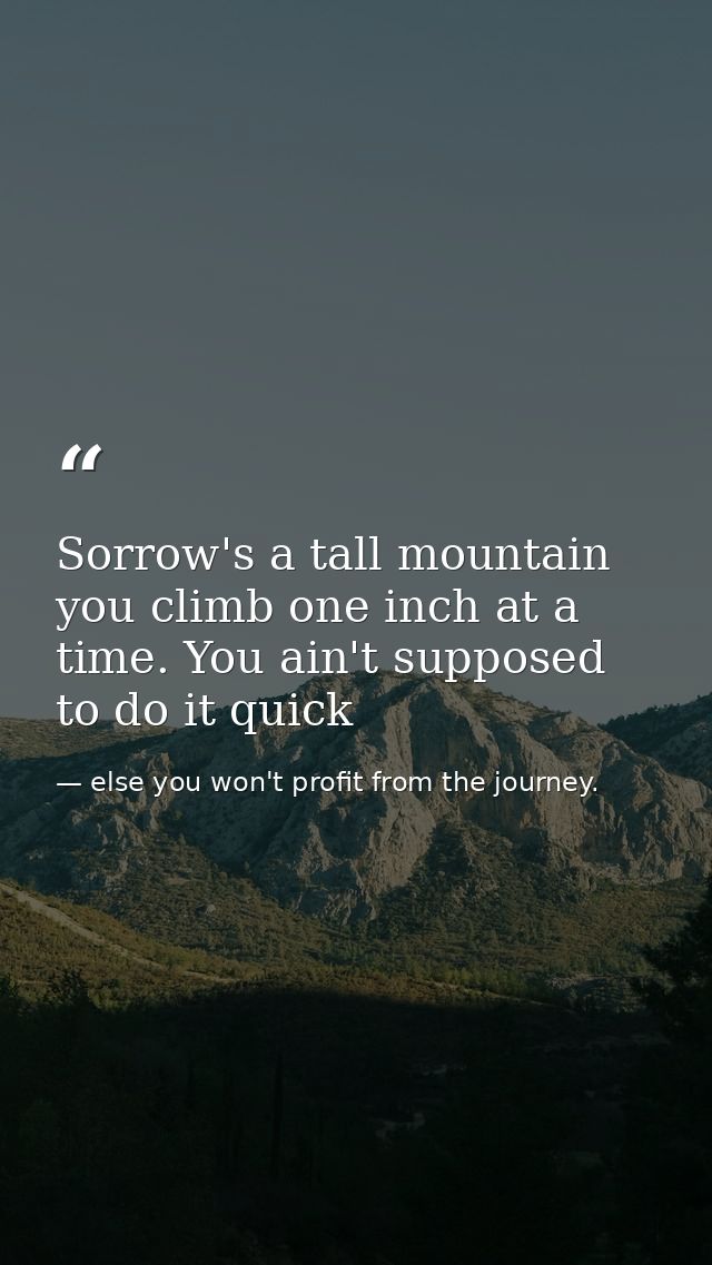 Sorrow's a tall mountain you climb one inch at a time. You ain't supposed to do it quick — else you won't profit from the journey.