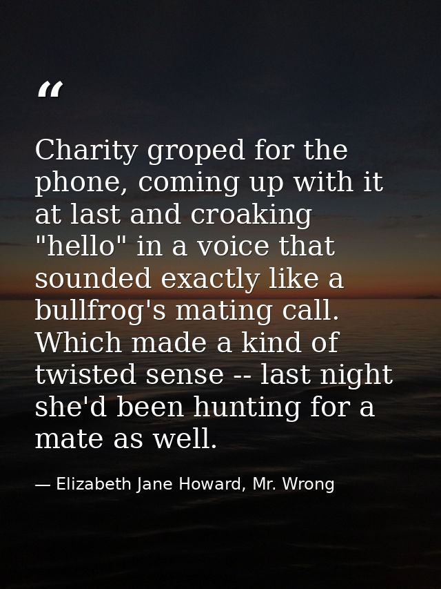 Charity groped for the phone, coming up with it at last and croaking "hello" in a voice that sounded exactly like a bull — Elizabeth Jane Howard, Mr. Wrong
