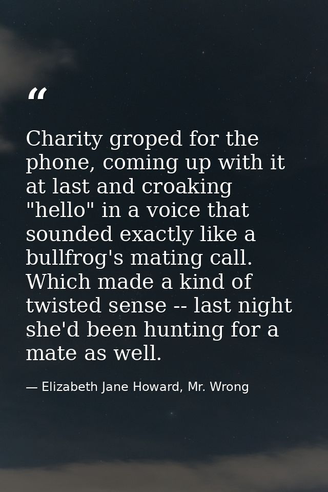 Charity groped for the phone, coming up with it at last and croaking "hello" in a voice that sounded exactly like a bull — Elizabeth Jane Howard, Mr. Wrong