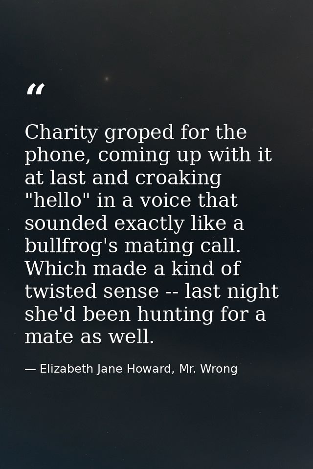 Charity groped for the phone, coming up with it at last and croaking "hello" in a voice that sounded exactly like a bull — Elizabeth Jane Howard, Mr. Wrong