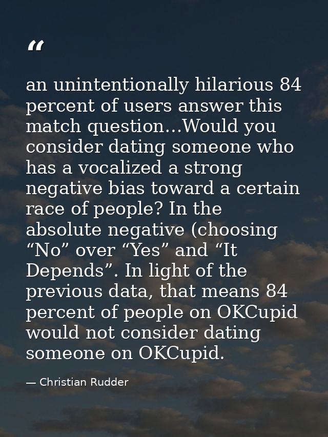 an unintentionally hilarious 84 percent of users answer this match question…Would you consider dating someone who has a  — Christian Rudder