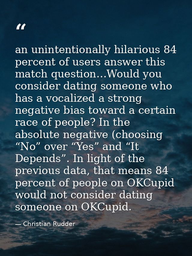 an unintentionally hilarious 84 percent of users answer this match question…Would you consider dating someone who has a  — Christian Rudder
