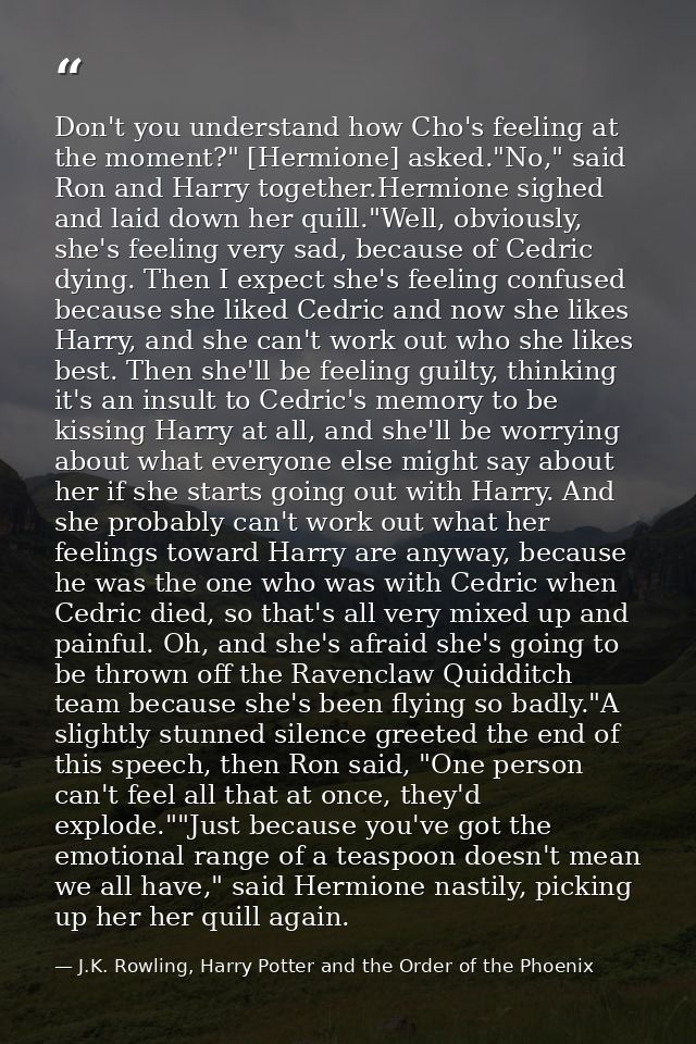 Don't you understand how Cho's feeling at the moment?" [Hermione] asked."No," said Ron and Harry together.Hermione sighe — J.K. Rowling, Harry Potter and the Order of the Phoenix