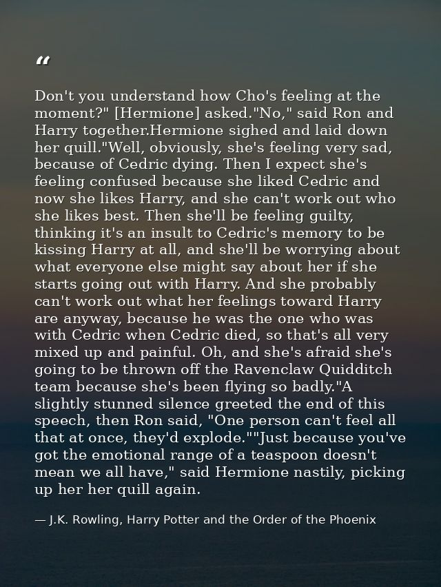 Don't you understand how Cho's feeling at the moment?" [Hermione] asked."No," said Ron and Harry together.Hermione sighe — J.K. Rowling, Harry Potter and the Order of the Phoenix