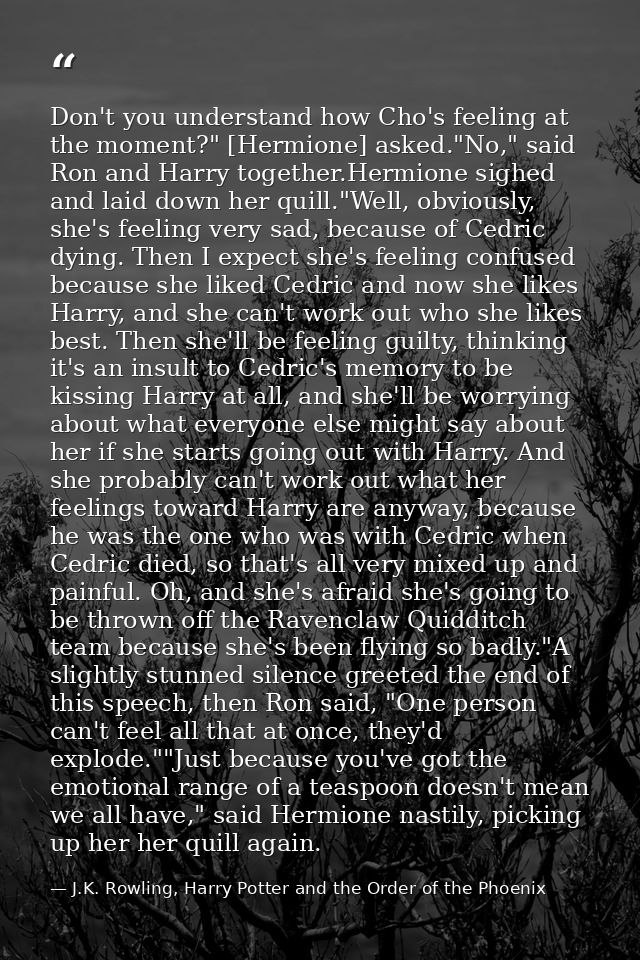 Don't you understand how Cho's feeling at the moment?" [Hermione] asked."No," said Ron and Harry together.Hermione sighe — J.K. Rowling, Harry Potter and the Order of the Phoenix