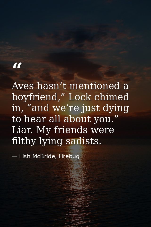 Aves hasn’t mentioned a boyfriend,” Lock chimed in, “and we’re just dying to hear all about you.” Liar. My friends were  — Lish McBride, Firebug