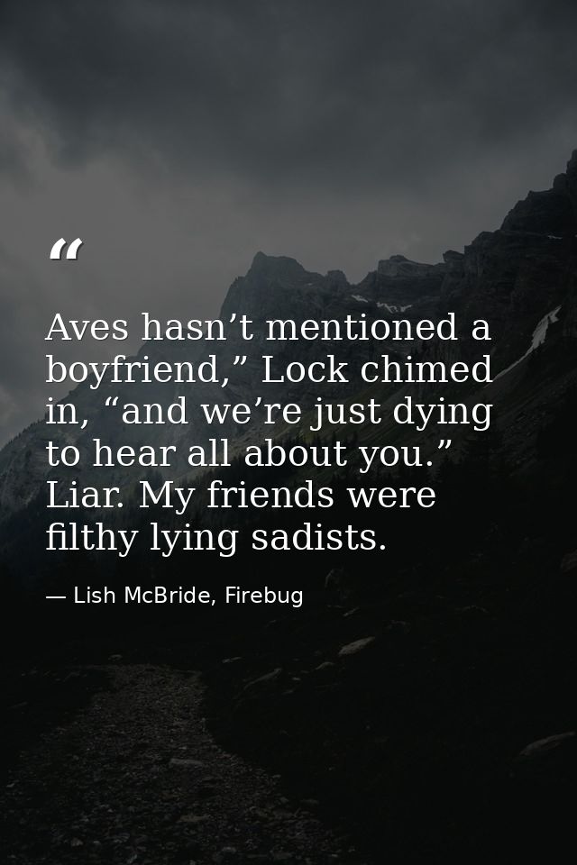 Aves hasn’t mentioned a boyfriend,” Lock chimed in, “and we’re just dying to hear all about you.” Liar. My friends were  — Lish McBride, Firebug