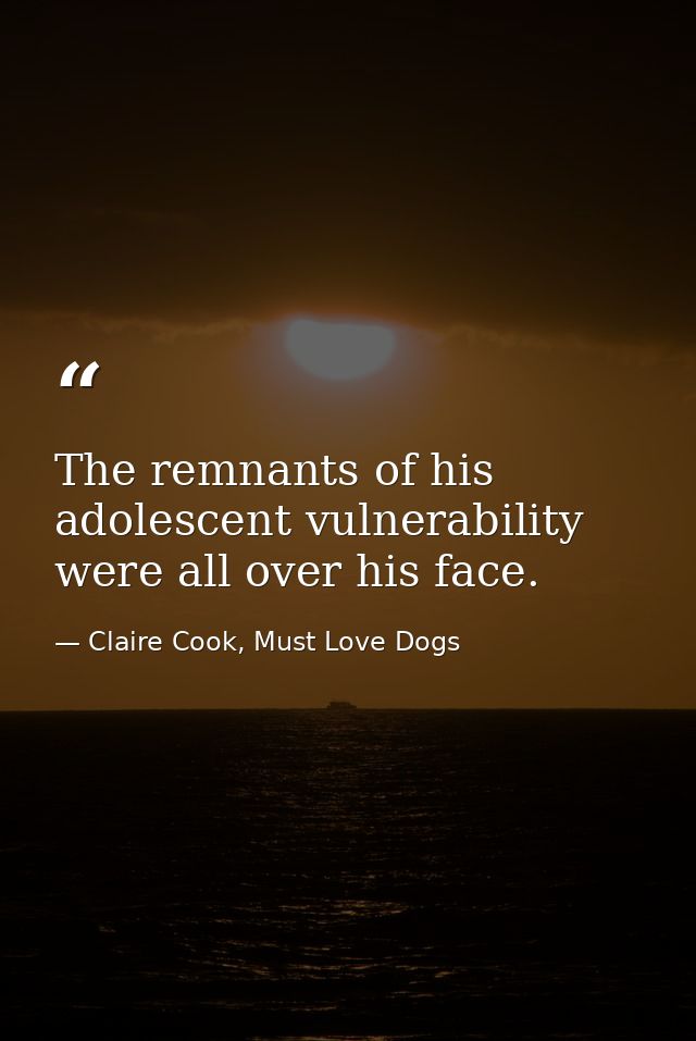 The remnants of his adolescent vulnerability were all over his face. — Claire Cook, Must Love Dogs