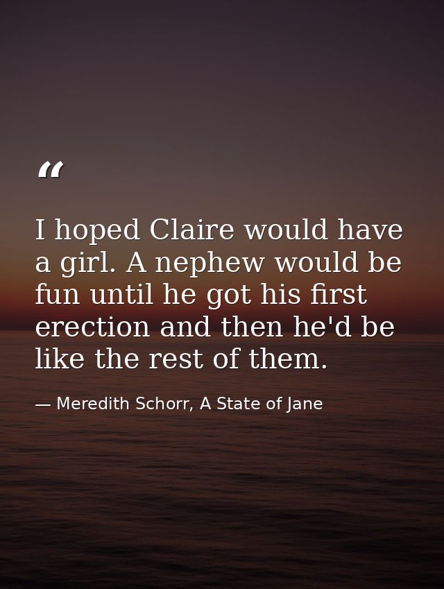 I hoped Claire would have a girl. A nephew would be fun until he got his first erection and then he'd be like the rest o — Meredith Schorr, A State of Jane