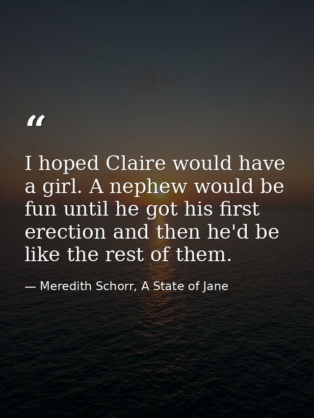 I hoped Claire would have a girl. A nephew would be fun until he got his first erection and then he'd be like the rest o — Meredith Schorr, A State of Jane