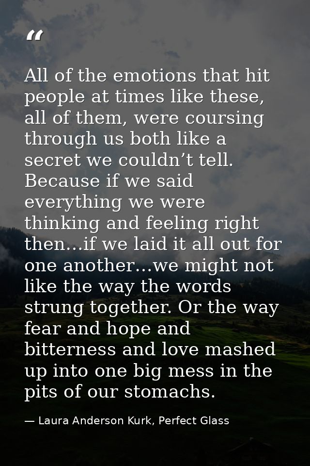 All of the emotions that hit people at times like these, all of them, were coursing through us both like a secret we cou — Laura Anderson Kurk, Perfect Glass