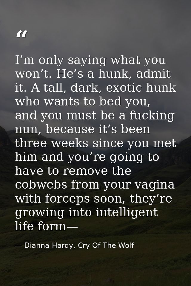 I’m only saying what you won’t. He’s a hunk, admit it. A tall, dark, exotic hunk who wants to bed you, and you must be a — Dianna Hardy, Cry Of The Wolf