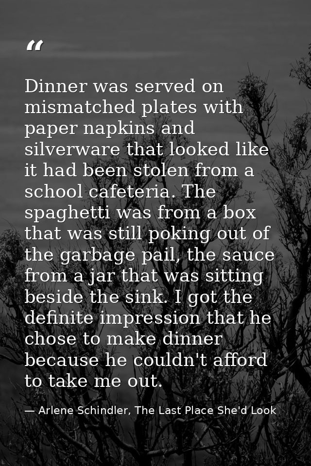 Dinner was served on mismatched plates with paper napkins and silverware that looked like it had been stolen from a scho — Arlene Schindler, The Last Place She'd Look