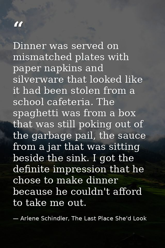 Dinner was served on mismatched plates with paper napkins and silverware that looked like it had been stolen from a scho — Arlene Schindler, The Last Place She'd Look