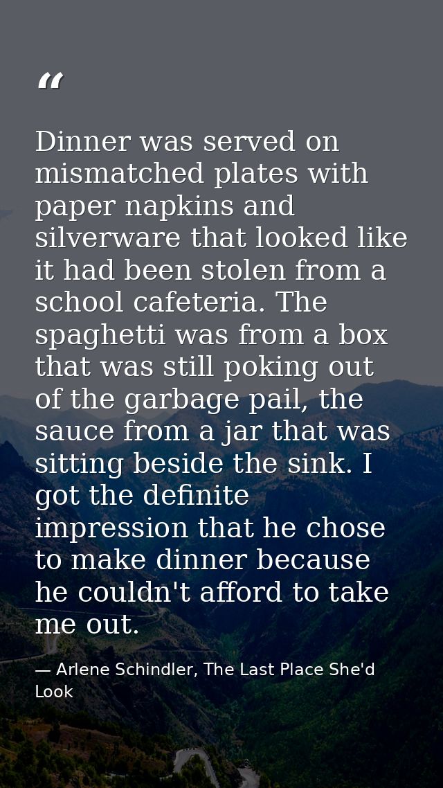 Dinner was served on mismatched plates with paper napkins and silverware that looked like it had been stolen from a scho — Arlene Schindler, The Last Place She'd Look