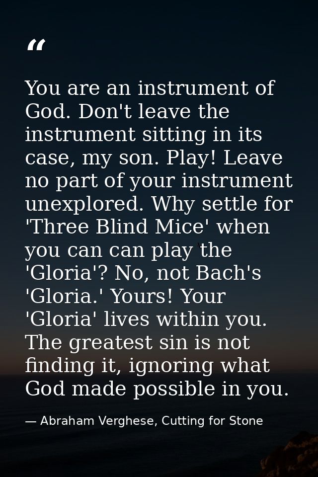 You are an instrument of God. Don't leave the instrument sitting in its case, my son. Play! Leave no part of your instru — Abraham Verghese, Cutting for Stone