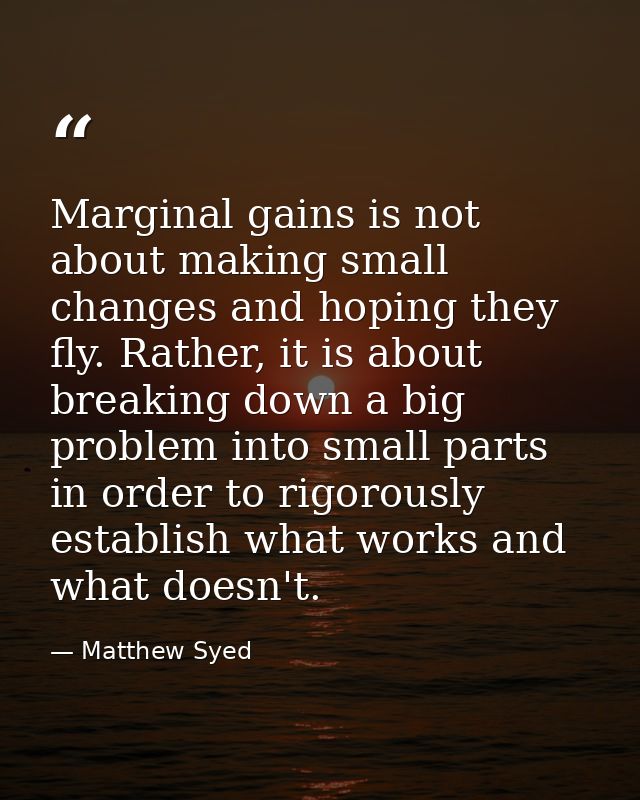 Marginal gains is not about making small changes and hoping they fly. Rather, it is about breaking down a big problem in — Matthew Syed