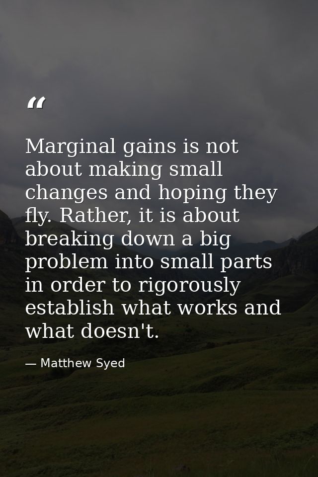 Marginal gains is not about making small changes and hoping they fly. Rather, it is about breaking down a big problem in — Matthew Syed