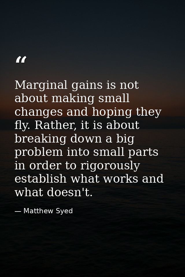 Marginal gains is not about making small changes and hoping they fly. Rather, it is about breaking down a big problem in — Matthew Syed
