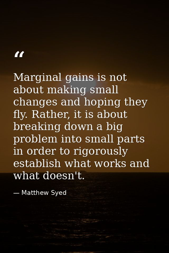 Marginal gains is not about making small changes and hoping they fly. Rather, it is about breaking down a big problem in — Matthew Syed
