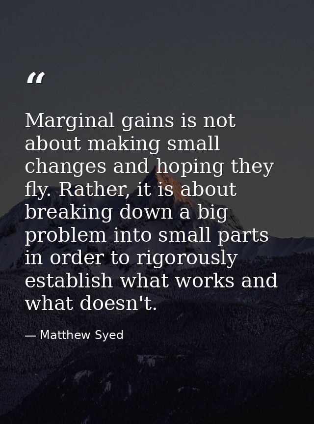 Marginal gains is not about making small changes and hoping they fly. Rather, it is about breaking down a big problem in — Matthew Syed
