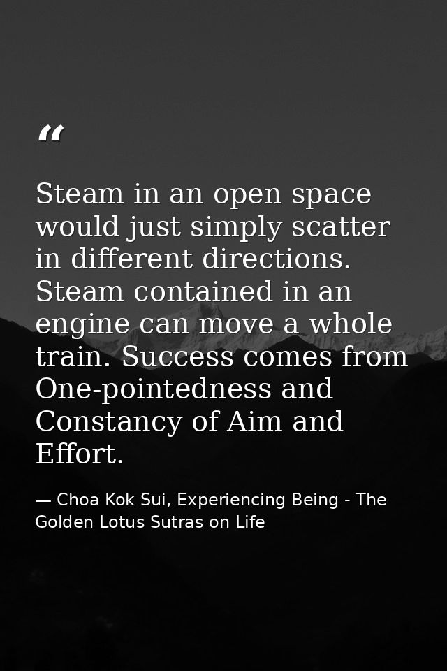 Steam in an open space would just simply scatter in different directions. Steam contained in an engine can move a whole  — Choa Kok Sui, Experiencing Being - The Golden Lotus Sutras on Life