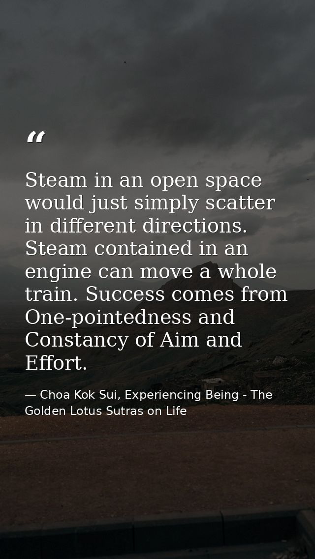 Steam in an open space would just simply scatter in different directions. Steam contained in an engine can move a whole  — Choa Kok Sui, Experiencing Being - The Golden Lotus Sutras on Life