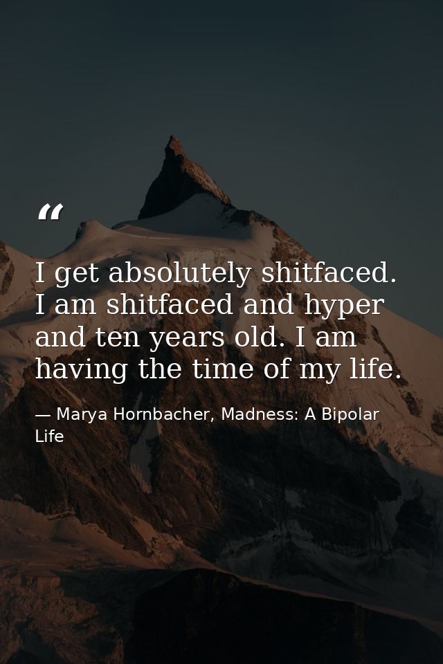 I get absolutely shitfaced. I am shitfaced and hyper and ten years old. I am having the time of my life. — Marya Hornbacher, Madness: A Bipolar Life