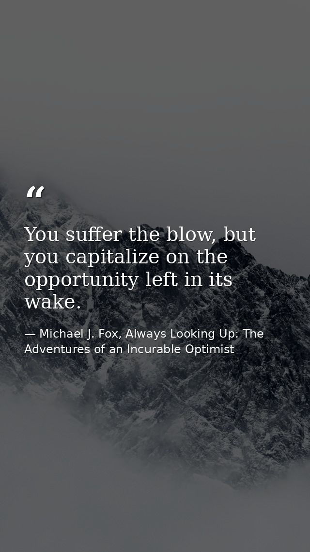 You suffer the blow, but you capitalize on the opportunity left in its wake. — Michael J. Fox, Always Looking Up: The Adventures of an Incurable Optimist