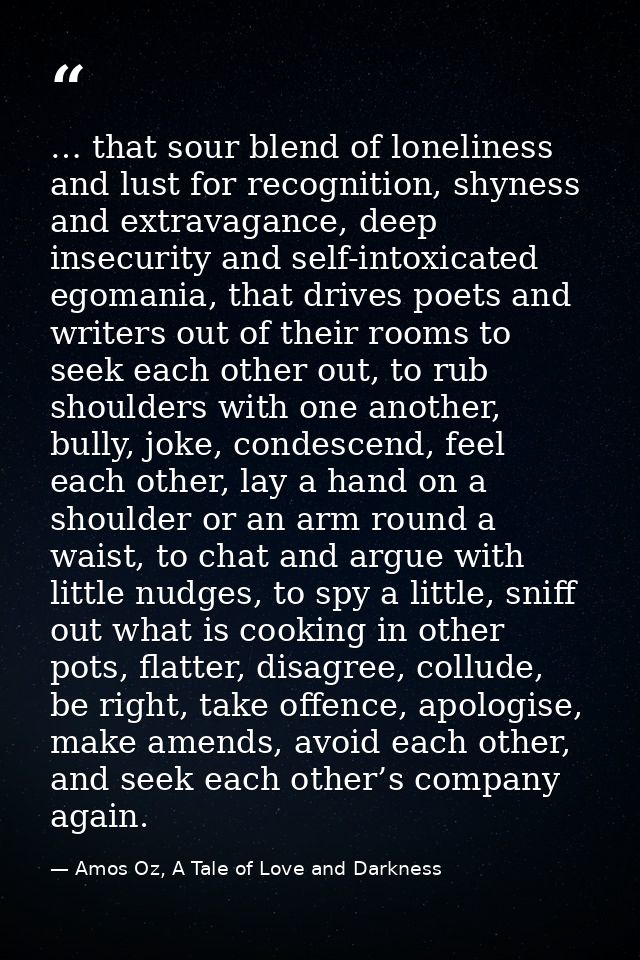 … that sour blend of loneliness and lust for recognition, shyness and extravagance, deep insecurity and self-intoxicated — Amos Oz, A Tale of Love and Darkness