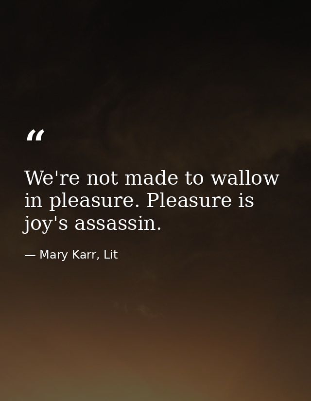We're not made to wallow in pleasure. Pleasure is joy's assassin. — Mary Karr, Lit