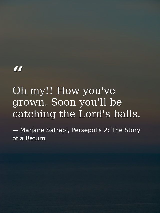 Oh my!! How you've grown. Soon you'll be catching the Lord's balls. — Marjane Satrapi, Persepolis 2: The Story of a Return
