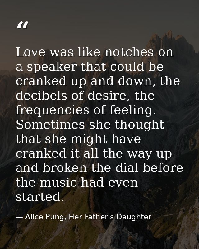 Love was like notches on a speaker that could be cranked up and down, the decibels of desire, the frequencies of feeling — Alice Pung, Her Father's Daughter