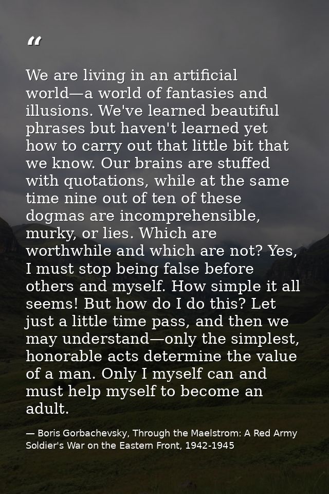 We are living in an artificial world—a world of fantasies and illusions. We've learned beautiful phrases but haven't lea — Boris Gorbachevsky, Through the Maelstrom: A Red Army Soldier's War on the Eastern Front, 1942-1945