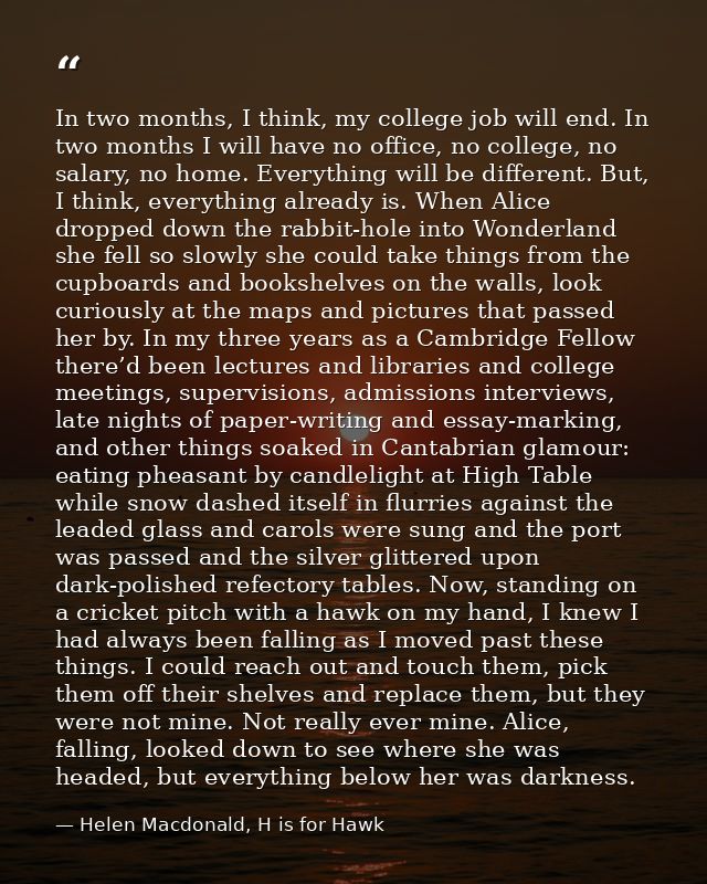 In two months, I think, my college job will end. In two months I will have no office, no college, no salary, no home. Ev — Helen Macdonald, H is for Hawk